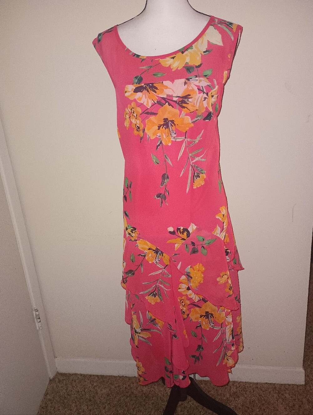 Dressbarn Pink Floral Maxi Dress with Yellow Blooms SZ16
